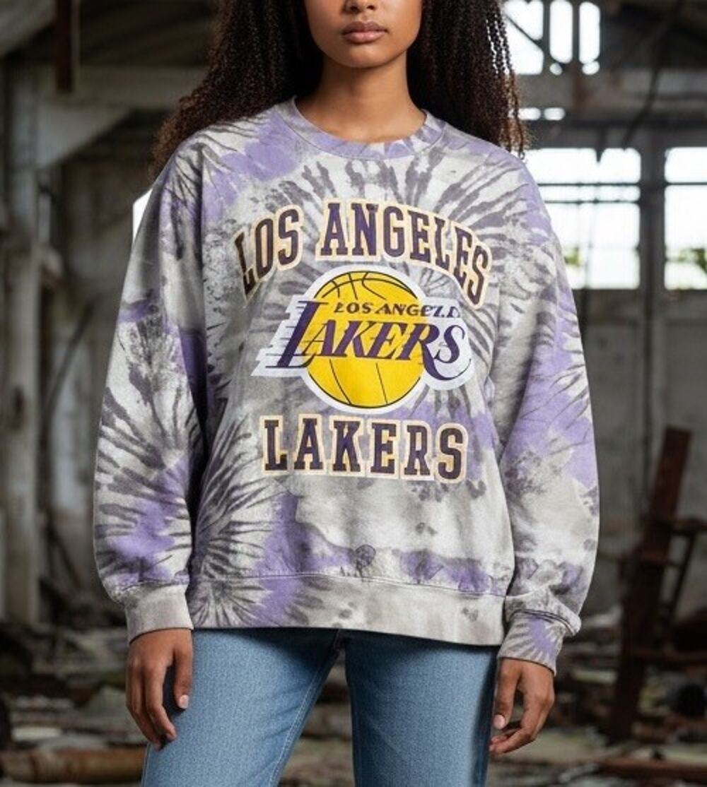 LA Lakers Tie Dye Sweatshirt Womens XL Purple Gray NBA Hybrid Apparel Long Sleev